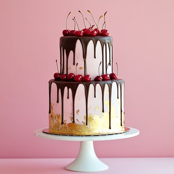 A delicious two-tiered cake with chocolate drizzle and cherries on top for celebrations