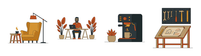 Flat Vector Remote Work and Creative Studio Asset Sheet for Professional Lifestyle Branding