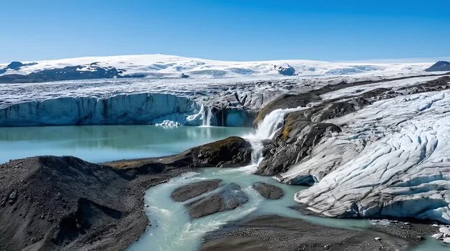 Vast glacial landscape with meltwater waterfall, turquoise lake, and expansive icefield under clear blue sky