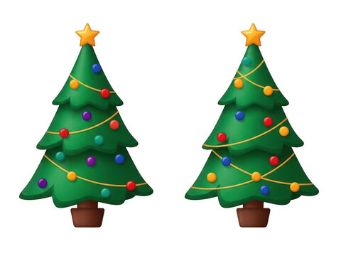 Two decorated christmas trees with colorful ornaments and lights isolated on transparent background