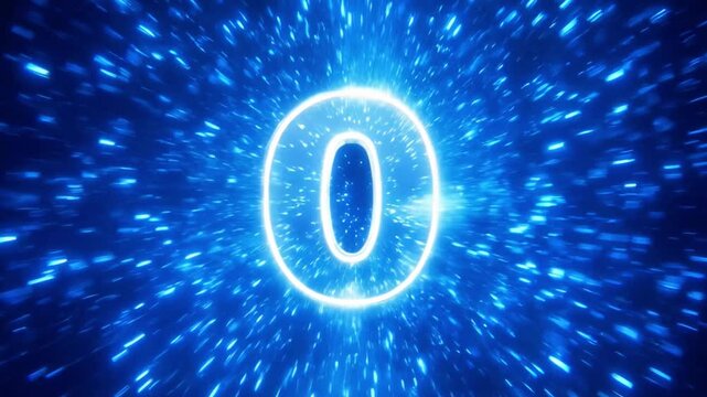 Digital neon countdown 5 to 0 with blue glitch effects ending in a hyperspeed tunnel burst