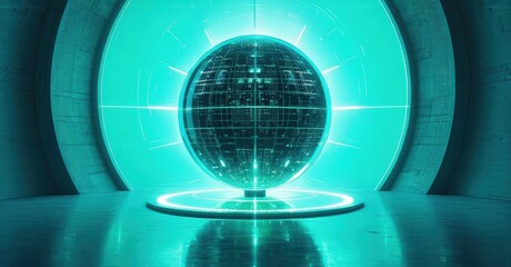 Fototapeta premium Futuristic scene. Glowing sphere dominates center, surrounded by circular architecture. Teal hues create dramatic, hightech ambiance. Reflections visible.