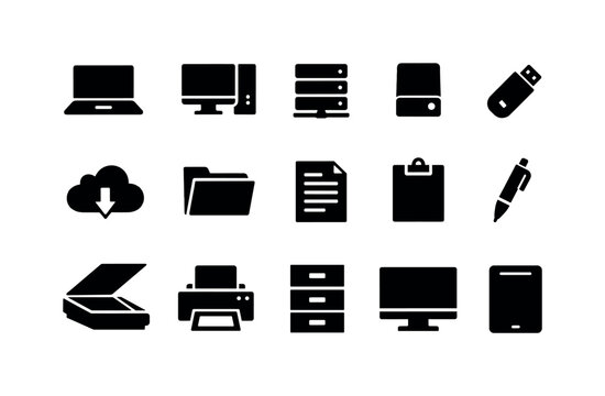 Digital Recordkeeping in silhouette style: laptop, desktop computer, server, external hard drive, USB drive, cloud storage icon, folder, document