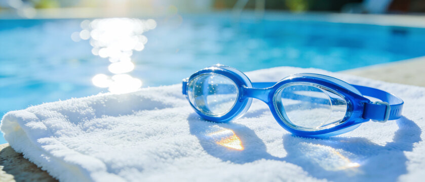 A pair of blue goggles sits on a towel next to a pool. The goggles are open and the sun is shining on them