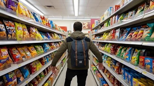 Person with backpack in supermarket snack aisle, surrounded by colorful chip bags and packaged foods
