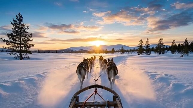 Dog sledding adventure in a vast snowy landscape at sunset, huskies pulling a sled through winter wilderness.