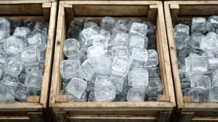Icy Cubes in Wooden Crates: A refreshing display of clear ice cubes, neatly arranged within rustic wooden crates, inviting thoughts of cool refreshment.