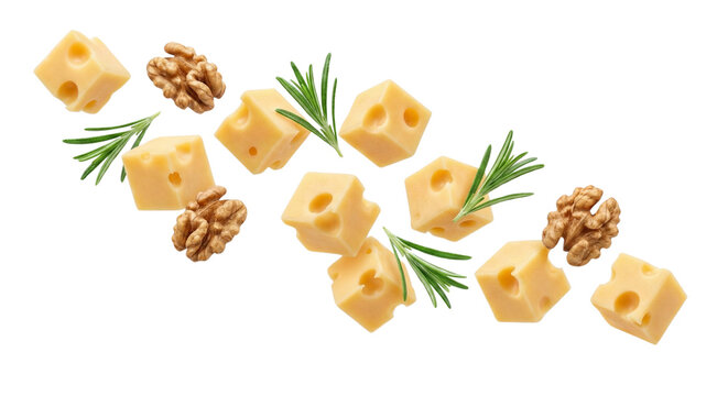 Delicious cheese cubes and walnuts with fresh rosemary leaves floating