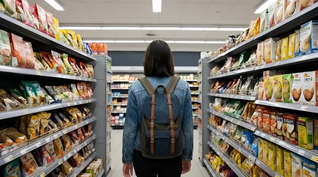 Shopper with backpack walking in a supermarket aisle filled with various packaged goods