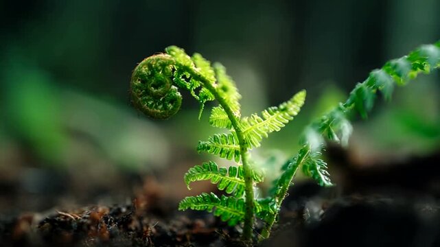 Close up of a young green fern frond unfurling in a forest.