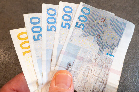 Stockholm Sweden A  handfull of Danish currency in 500 Kroner notes.
