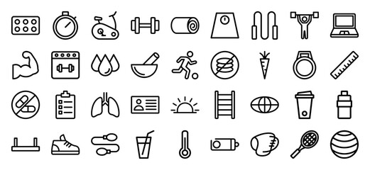 Fototapeta premium Comprehensive fitness and wellness icon collection featuring heavyweight vector pictograms of a dumbbell, treadmill, skipping rope, kettlebell, and healthy nutrition.