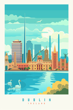 Dublin city poster retro vector design travel and tourism famous places, Ireland