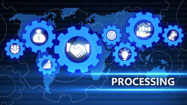 Global Financial Processing System with Interconnected Gears and Icons