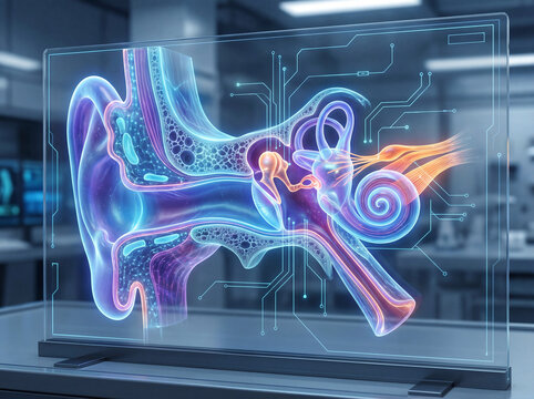 Syst&egrave;me auditif en style ultra futuriste avec visualisation m&eacute;dicale 3D avanc&eacute;e et rendu scientifique