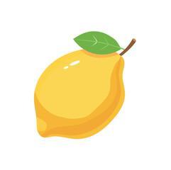 Vibrant yellow lemon fruit vector illustration with a small green leaf and brown stem on a pure white background