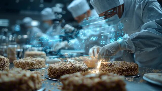 Futuristic herbal medicine lab, timelapse style, technicians processing ganoderma slices, stainless steel tables drying trays, microscope inspection, holographic data overlays floating above samples