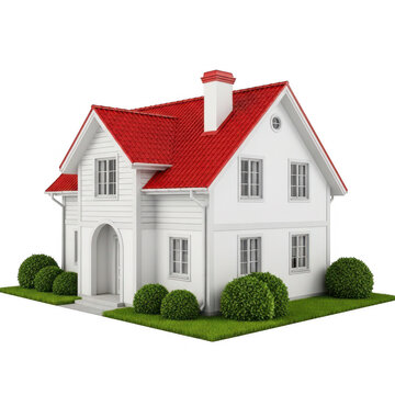 A white house with a red roof and green bushes isolated on transparent background