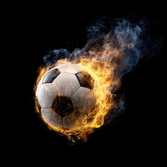 Naklejka premium A soccer ball engulfed in flames against a stark, black background