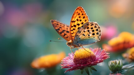 Obraz premium Vibrant Orange Butterfly with Black Spots Perched on a Pink Flower in a Lush Garden.