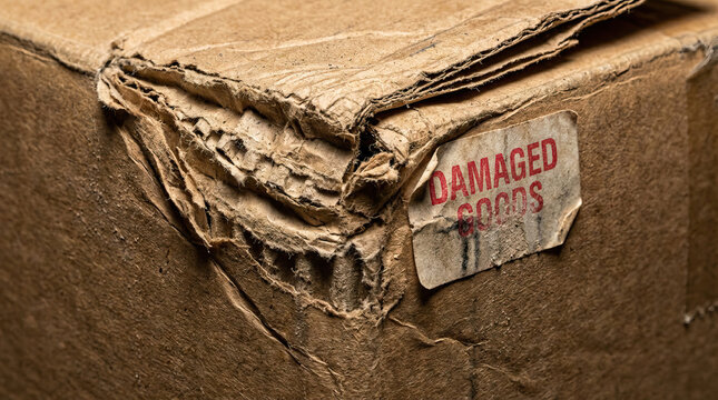 Damaged cardboard box with torn and crushed corner showing wear and tear, rough texture, and label indicating damaged goods, symbolizing fragile or mishandled shipment