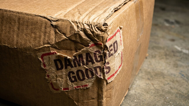 Damaged cardboard box with torn label on rough surface, showing wear and tear, symbolizing broken or defective shipment, delivery, or packaging issues