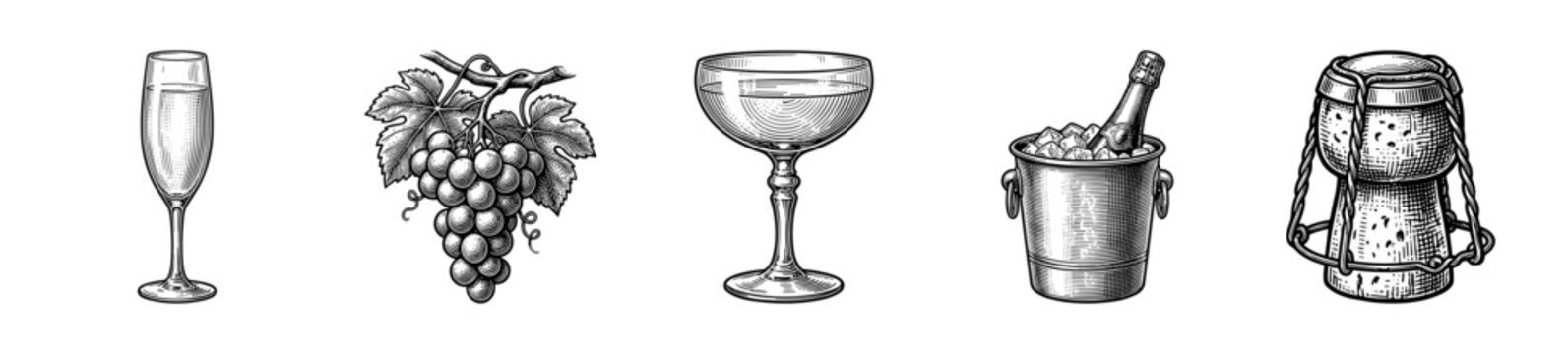 Set of sparkling wine and champagne themed engravings featuring flute glass, bunch of grapes, coupe, ice bucket with bottle, and wire cage cork