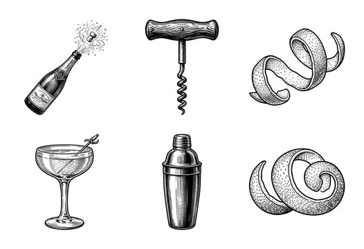 Vintage engraving style collection of bar tools and cocktail elements featuring a shaker, corkscrew, champagne bottle, glass, and citrus peels.