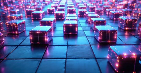 Glowing cubes extend into darkness. Grid pattern creates infinite perspective. Vivid purple, blue hues dominate scene. Digital aesthetic.