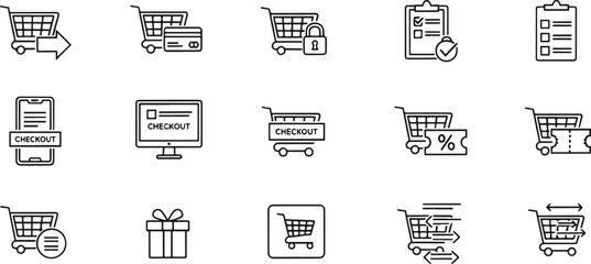 Fototapeta premium E-commerce Checkout Icon Set – Vector Shopping Cart, Gift Box, and Order Management Outlines