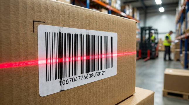 Barcode cardboard box warehouse logistics inventory shipping label barcode scanner red laser storage distribution package supply chain industrial worker forklift shelving transport delivery