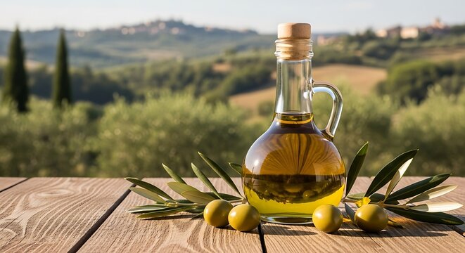 Glass bottle of olive oil, olives, and leaves on a wooden table, Tuscan hills in background