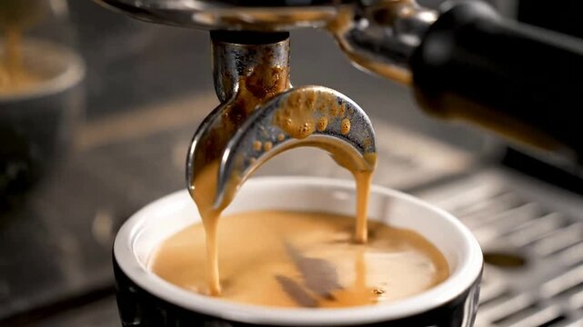 Close up of coffee pouring into cup in kitchen or Macro of liquid filling bowl in restaurant