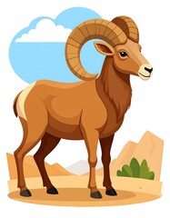 Obraz premium Cartoon-style illustration of a brown ram with large, curved horns against a desert backdrop with blue sky