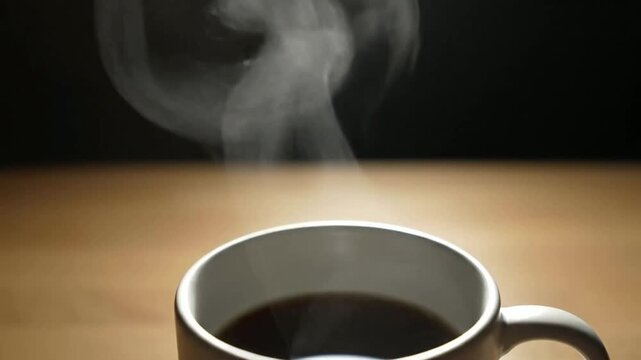 Close up of coffee steaming in a cup on a table or Close up of liquid steaming in a mug on a table