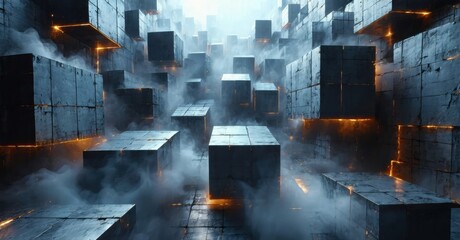 Fototapeta premium Futuristic city. Concrete blocks, glowing lines, dense fog create mysterious atmosphere. Dramatic lighting, cool tones dominate scene.