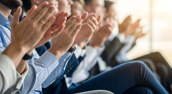 Audience applauding in a conference or presentation setting with appreciation and acknowledgement