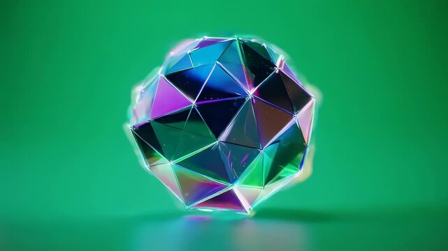 A faceted geometric object with iridescent, colorful facets on a green background