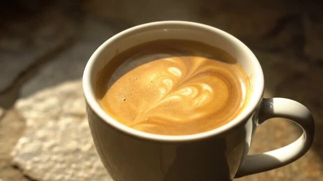 Close up of coffee swirling in cup in setting or Close up of latte art floating in coffee in cup