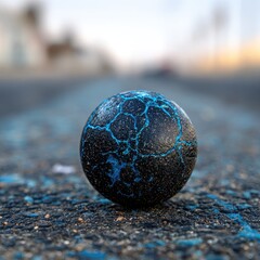 A textured black orb with blue veins sits on a cracked road
