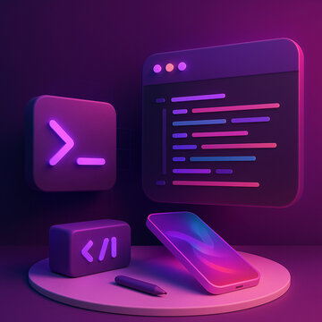 Abstract 3D Coding Interface with Neon Code Editor and Terminal Icons