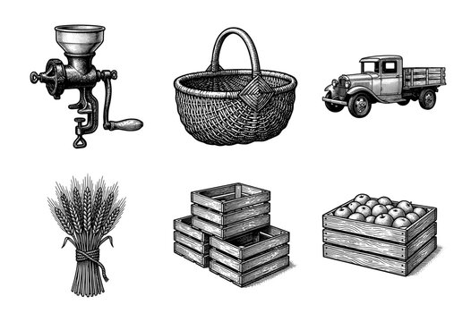 Vintage farm equipment and harvest collection in black and white woodcut engraving style featuring a grain mill basket truck wheat and crates