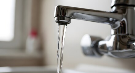 A close-up view of water flowing from a modern kitchen faucet into a sink
