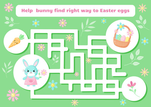 Maze game for kids. Cute labyrinth with Easter theme. Help the bunny find right way to the Easter eggs.Educational activity worksheet.Illustration for kids books and workbooks.Vector