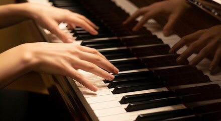 Elegant hands gracefully play intricate melodies on the grand piano keys