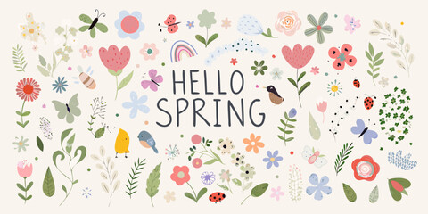 Floral spring illustration with butterflies birds and the text hello spring © Prosanta