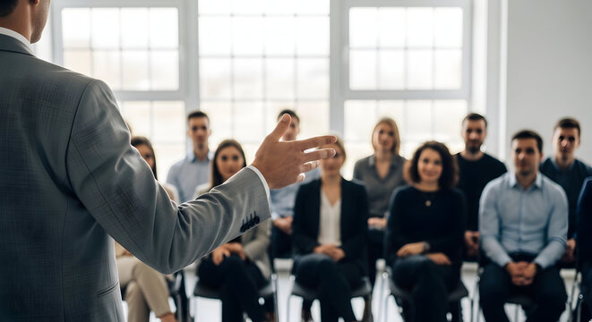 A business professional presenting to a group of attentive audience members in a well lit conference room setting