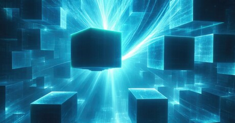 Fototapeta premium Abstract digital landscape. Glowing cubes radiate light, creating futuristic tunnel effect. Dark background emphasizes bright energy.