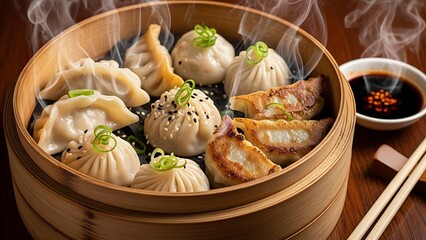 Steamed Dumplings in Bamboo Steamer Basket.
