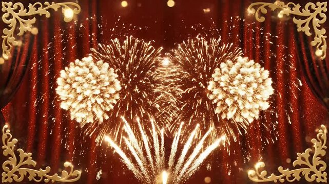 Golden Fireworks Celebration on Red - This video showcases a vibrant golden fireworks display against a deep red background, creating a festive and celebratory atmosphere.